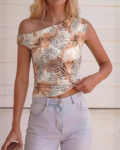 NOLLSOM Spring Tops for Women Trendy Off The Shoulder Top Going Out T Shirts Casual Floral Blouses Summer Outfits 2026(Brown Leopard,XX-Large) - Thumbnail 2