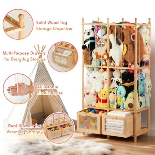Kompaktayc Stuffed Animal Storage with Two Wooden Drawers, 280L Extra Large Capacity Plush Toy Organizer Tower, Solid Wood Stuffed Animal Zoo Storage for Bedroom, Playroom&Home Organization - Thumbnail 6