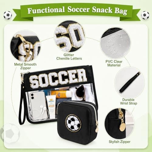 PEVART 2-Piece Soccer Gifts Makeup Snack Bag Chenille Letter Patch | Large Soccer Clear PVC Travel Zipper Pouch Accessories Stuff Waterproof Portable Sport Bag for Boys, Girls - Thumbnail 3