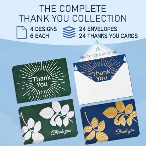 24 Pack Thank You Cards with Envelopes, Elegant Professional Raised Gold & Silver Foil, 4 Designs, Pefect for for Weddings, Teacher Appreciation, Graduation, Small Business Gifts, Holiday & Christmas Thank You Notes - Thumbnail 3