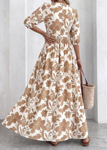 KIRUNDO Summer Dresses for Women 2026 Spring Wedding Guest Boho Floral 3/4 Sleeve Beach Vacation Cruise Flowy Maxi Dress(Khaki, Small) - Thumbnail 6