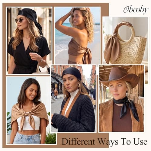 obeoby 2 Pcs Head Scarf for Women Like Silk Scarf, 35” Large Square Hair Scarf - Satin Scarf for Sleeping Hair Wrapping Beach Wear Travel Bandana for Women Gifts (Coffee Brown, Black) - Thumbnail 5