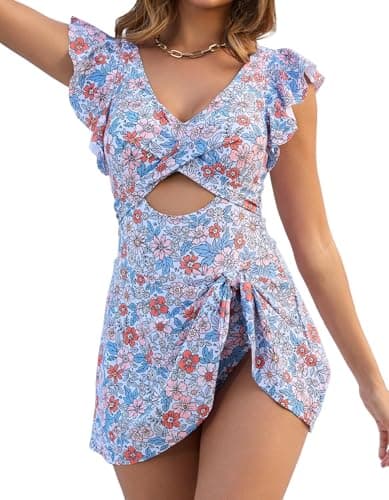 MFAVIP Women One Piece Swim Dress Tummy Control Swimsuits V Neck Ruffle Bathing Suit Cutout Sexy Wrap Side Tie with Skirt - Thumbnail 2
