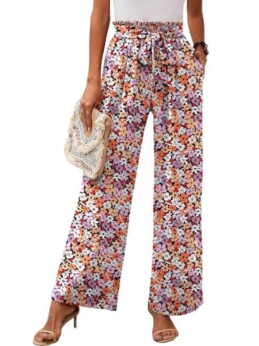 Heymoments Women's Wide Leg Lounge Pants with Pockets Floral Print Medium Lightweight High Waisted Adjustable Tie Knot Loose Comfy Casual Trousers - Image 1