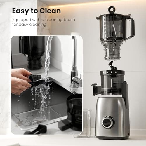 Kismile Cold Press Juicer, 5.6" Wide Feed Chute Juicer Machine, 300W Slow Masticating Juicer with High Juice Yield, Easy to Clean, for Whole Fruits and Vegetables, Celery Juicer, Stainless Steel - Thumbnail 6
