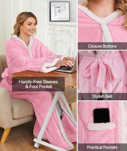 SIHOHAN Heated Throw Blanket Wearable Blanket Throw with Foot Pockets, Sleeves Flannel & Sherpa Wearable Blanket 8 Heating Levels & Timer Snuggle Blankets for Home Office-Electric Blanket 50*60" Pink - Thumbnail 5