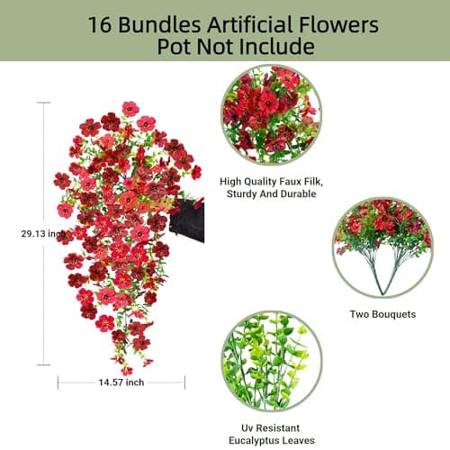 UV Resistant Artificial Hanging Flowers Outdoor Decor - 2 Pack Fake Hanging Plants with Silk Daisies for Spring Summer, No Fade Faux Flowers for Planter, Front Door, Porch, Patio, Garden, Yard - Thumbnail 3
