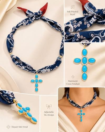 rgwtgkyh Silk Scarf Necklace with Charm Boho Turquoise Cross Pendant Bandana Necklace Vintage Western Jewelry Gift for Women Cowgirl Cowboy - Thumbnail 4