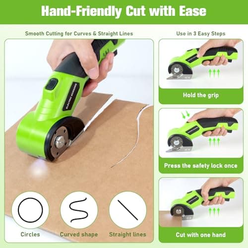 Qidejoy Cordless Cardboard Cutter Electric Scissors, Heavy Duty High-speed Rotary Box Cutter Tools for Fabric, Carpet, Paper, with 2 Blades & Gloves, 4.2V Rechargeable Battery, LED Light, Green - Thumbnail 5
