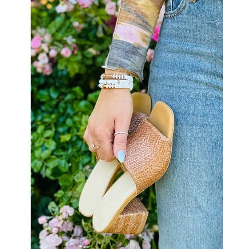 Ancomafio Women's Heeled Sandals Raffia Heels Square Open Toe Sandals Backless Mules Slip On Block Sandals Brown Size 8 - Thumbnail 4