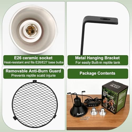 Zooiisol 5-in-1 Reptile Heat Lamp Fixture Anti-Scald Guard 4.7 Inch Hanging Dome Light Fixture with Timer & 2 Pack 50W Halogen Basking Bulb for Bearded Dragon, Gecko, Turtle, Chameleon - Thumbnail 6