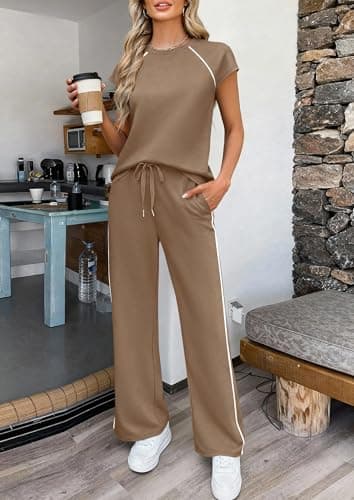 PRETTYGARDEN Two Piece Sets for Women 2026 Summer Vacation Outfits Cap Sleeve Tops Lounge Pants Matching Set Fashion Clothing (Khaki,X-Large) - Thumbnail 3