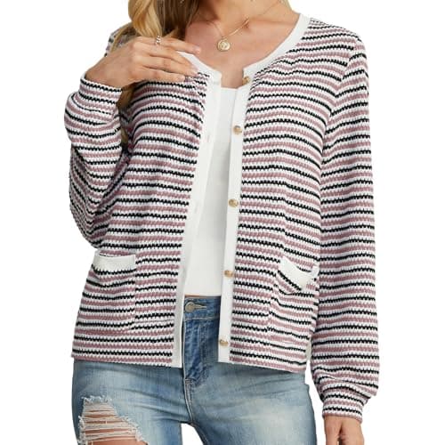Women's Mauve Casual Dressy Stirped Cardigan with Patch Pocket Sweaters Crew Neck Lady Lightweight Jacket 2024 Fall Winter Size XXL - Image 1