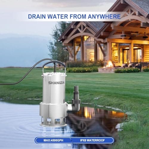 SHANGDA Sump Pump 1.5HP Submersible Water Pump 4500GPH Stainless Steel Electric Clean/Dirty Water Draining Transfer Pumps with Adapters for Pool Hot Tub Pond - Thumbnail 2
