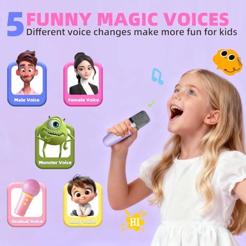 Kids Karaoke Machine Toy for Ages 3-12, Rechargeable Portable Bluetooth Speaker with 2 Wireless Mics, LED Lights Voice Changer, Christmas Birthday Gift for Boys Girls Grandkids (Purple -2) - Thumbnail 4
