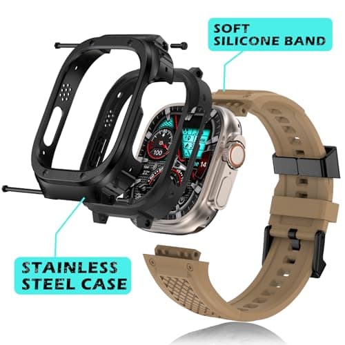 Deczone Band with Stainless Steel Case Compatible with Apple Watch Series Ultra 1 2 3 49mm Band, iwatch Bands Rugged Metal Protective Cover for Men (Tan) - Thumbnail 4