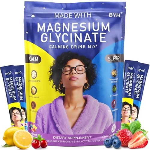 Calm Magnesium Powder Drink Mix - Magnesium Glycinate, Ashwagandha, Lions Mane Mushroom, L-theanine, Rhodiola Rosea, Beetroot, GABA, Valerian Root - 30 Packets