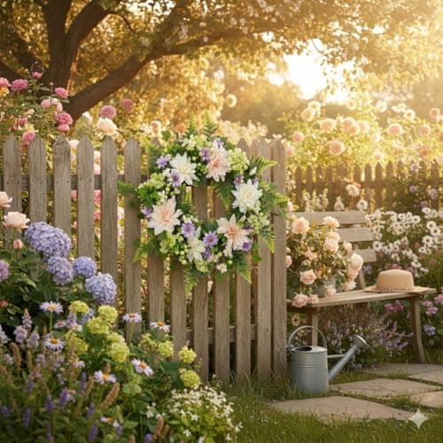 24" Front Door Wreaths- Large Year Round Farmhouse Wreath for Spring & Summer Full Lush Artificial Door Decor for Porch, Wall, Window & Home Festival Wedding Decor Wildflower Style Wreath Easter decor - Thumbnail 3