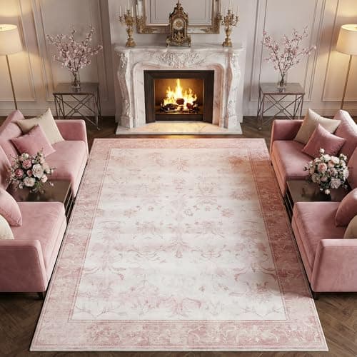 Cnythlis Large 8'x10' Washable Boho Area Rug, Distressed Vintage Medallion Carpet for Big Dining Room, 0.26" Low Pile Spill Resistant Faux Wool Rug - Foldable Non-Slip Silicone Grip, Pink & White - Image 1