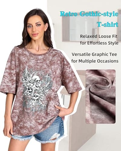 Women's Skull Wings Tee, Vintage Washed Gothic T-Shirt with Casual Crewneck Short Sleeve Top, Relaxed Fit Streetwear Shirt - Thumbnail 5