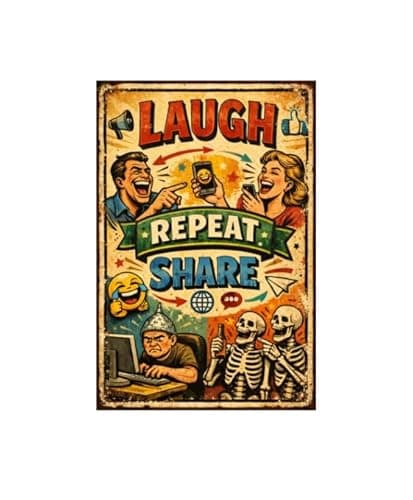 Laugh Repeat Share Metal Sign - 8x12 Inch Vintage Tin Plaque Featuring Emoji, Social Media, and Skeleton Art, Perfect for Fun & Quirky Home or Office Decor, Pre-Drilled for Easy Hanging"