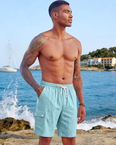 TRFIC Men's Cotton Linen Cargo Shorts - Elastic Waist with Drawstring, 6 Pockets, Summer Beach Vacation, Casual Lounge X-Large Light Blue - Thumbnail 2