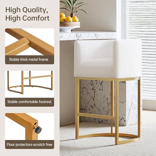Styecofur Counter Height Bar Stools Set of 3, White and Gold Bar Stools, 26" Modern Barrel Counter Stools with Backrest and Arms, Linen Fabric Upholstered & Metal Base, for Kitchen Island and Bar - Thumbnail 6