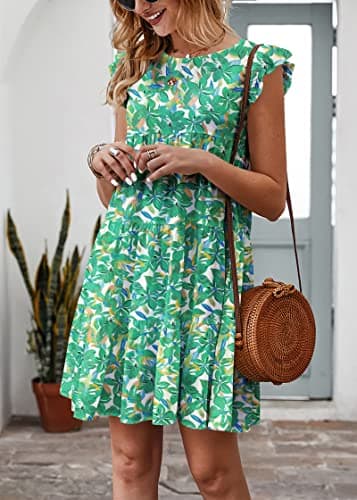 KIRUNDO Tropical Dresses for Women Summer Sleeveless Boho Floral Mini Sundress Ruffle Sleeve Round Neck Loose Short Flowy Pleated Babydoll Dress, Floral3-green, Small - Thumbnail 3