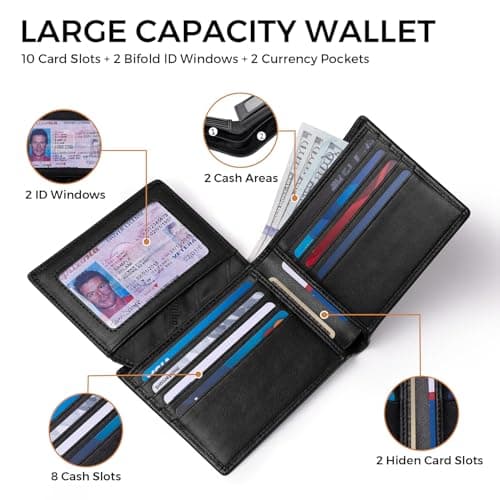 RUNBOX Leather Wallet for Men, Genuine Leather Mens Wallet Bifold Rfid Blocking with 12 Cards and 2 ID Windows, Minimalist Wallet for Men with Gift Box - Thumbnail 3