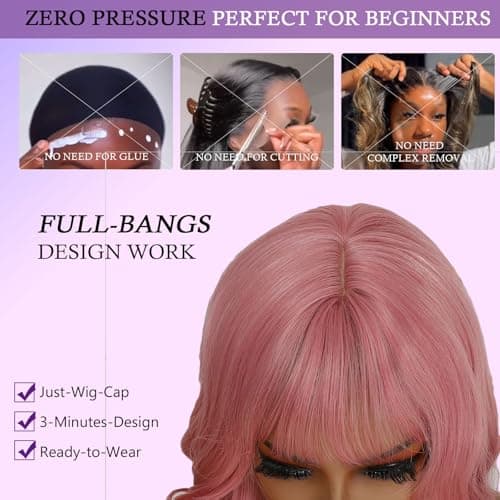 Barbique Synthetic Wig with Bangs, Pink Long Wavy Wig, Synthetic Hair, Heat Resistant Fiber, Natural Looking Glueless Ready to Wear for Work Party Daily Use Beginner Friendly - Thumbnail 5