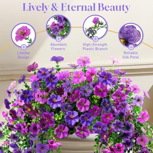 BlessedSeason 2 Pcs Artificial Hanging Flowers, UV Resistant Fake Flowers with Flexible Stems, Full Bundle Faux Flowers for Outdoor Planters, Zero Maintenance for Patio, Garden, Balcony, Double Purple - Thumbnail 4