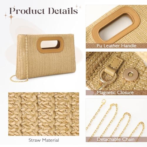 Clutch Purses for Women, Top Handle Straw Purse Handbags, Summer Shoulder Crossbody Bag, Woven Beach Bags Purses - Thumbnail 6