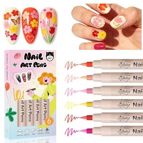 6 Colors Nail Art Pens, 3D Nail Polish Pens Set 0.7mm Quick-Drying Acrylic Paint Markers Dotting Liner Drawing Pens for Nail Design, DIY Home Salon Manicure Tools Halloween Beginners Gifts - Image 1