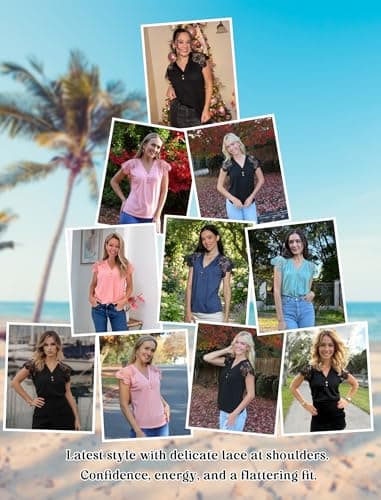 Angashion Womens Tops Lace Short Sleeve Casual V Neck Tunic with Button Summer Elegant Business Work Blouse Black Medium - Thumbnail 6