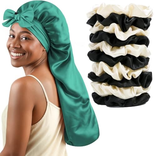 Women's Silky Bonnet - Long Tie Sleep Cap, Curly/Natural Hair, Adj. Night Hat, +10 Scrunchies, Mom/Wife - Image 1