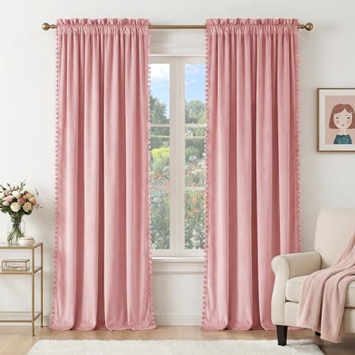 NICETOWN Blush Pink Velvet Curtains 96" Long with Cute Pom-Pom Trim for Living Room – Elegant Privacy Protection Drapes Light Filtering Window Treatments for Girls, 52" W x 96" L, 2 Panels