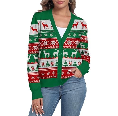 FREEOAK Women Ugly Christmas Cardigan Sweater Long Sleeve Button Down Cozy V Neck Sweater Soft Knitwear 2024 Winter Xmas Green M - Image 1