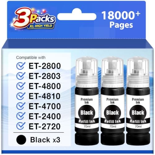 Starink Compatible T522 522 Black Ink Refill Bottles Replacement for 522 Black Ink for Ecotank ET-2800 ET-2803 ET-2720 ET-4800 ET-2400 ET-4700 ET-4810 ET-2840 Printer (3-Pack,522 Ink Refill Bottles)