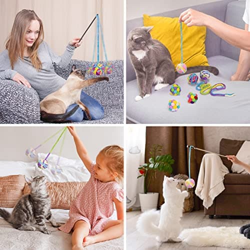 Retro Shaw Cat Toys Balls, 6Pcs Woolen Yarn Cat Ball Toy with Bell Inside, Interactive Kitten Toys for Indoor Cats Kitty, Chew Toys Jingle Pompom Ball with String - Thumbnail 6