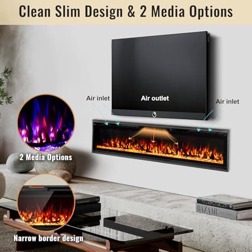 TUAN Electric Fireplace Inserts, Ultra Thin Wall Mounted Fireplace with Remote Control, Multicolor Realistic Flame, Touch Screen, Thermostat, Timer, 750w/1500w (Log & Crystal Included) (60 inch) - Thumbnail 4