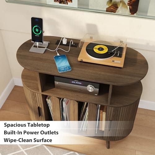 Azaeahom Record Player Stand with Vinyl Storage, Record Player Table with Charging Station, Record Holder & Record Shelf for 150+ Albums, Vinyl Record Storage Cabinet, Turntable Stand for Living Room - Thumbnail 6