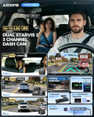 AZDOME M550 Max 4K 3 Channel Dash Cam, Dual STARVIS Sensors, 4K+2.5K+1080P Front and Rear Inside Triple Car Camera, Built-in WiFi GPS, 64GB Card Included, IR Night Vision, Ride Share Accessories - Thumbnail 2