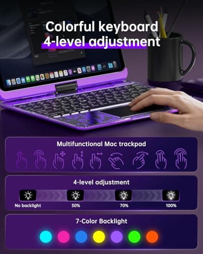 Clear Keyboard Case for iPad Air 13 Inch (M4/M3/M2, 2026/2025/2024) & iPad Pro 12.9 Inch (6th/5th/4th/3rd Gen), 7-Color Backlit Keyboard with Touchpad, 360° Rotating Stand, Pencil Holder, Purple - Thumbnail 3