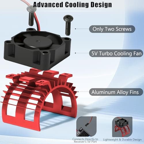 Alloy Heat Sink with 5V Cooling Fan for Traxxas Trx4 Slash ARRMA SCX10 and 1/10 RC Car - Compatible with 540, 550, 3650 Size Brushless Motor (Red) - Thumbnail 5
