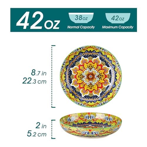 vancasso Pasta Bowls Set of 4, Ceramic Salad Serving Bowls, 42Oz Large Pasta Bowls, 8.7 in Colorful Bowl Plates for Soup, Bohemian Shallow Bowls for Kitchen, Microwave & Dishwasher Safe - Thumbnail 2
