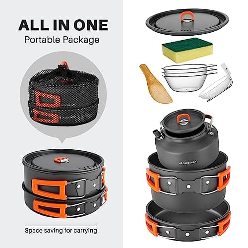 Odoland 10pcs Camping Cookware Camping Pots and Pans Set with Kettle Plastic Bowls and Soup Spoon for Camping, Backpacking, Outdoor Cooking and Picnic - Thumbnail 2