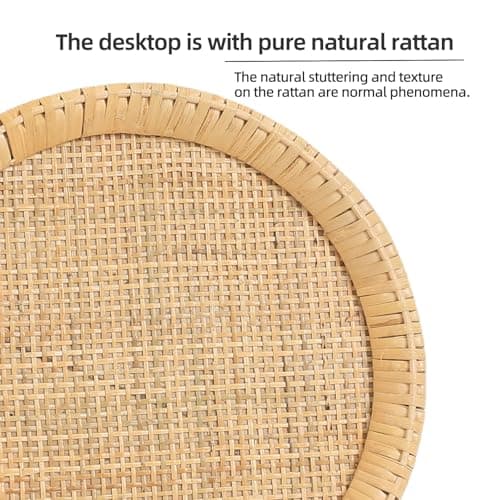 HuiDao Drink Table，Rattan Round Small Side Table for Small Spaces, Boho Circle End Table Coffee Table with Solid Wood Leg for Living Room, Pedestal Table for Bedroom, Corners - Thumbnail 5