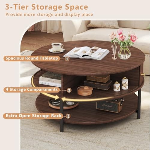 HUAHUU 31.5" Round Coffee Table with Storage, Mid Century Modern Coffee Table with Sliding Cabinet Door, Round Metal Legs, 3-Tier Small Round Coffee Tables for Living Room, Walnut - Thumbnail 3