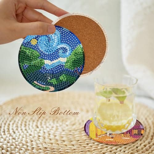 8 Pcs Diamond Art Coasters Kit with Holder, DIY Famous-Painting Diamond Painting Coasters for Beginners Adults, Non Slip Diamond Art Kits Craft Supplies 4x4inch - Thumbnail 2
