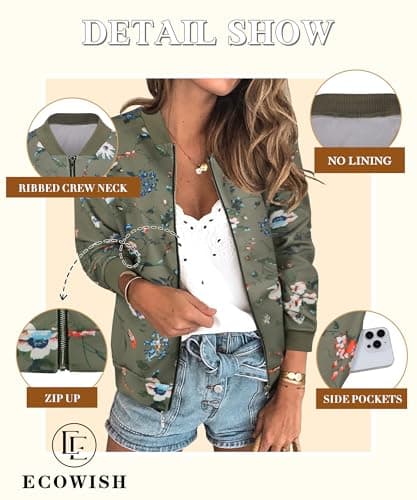 ECOWISH Women's Casual Floral Zip Up Bomber Jacket Coat Lightweight Short Camo No Lining Outwear Tops Windbreaker with Pocket 333Army Green-1 Large - Thumbnail 5